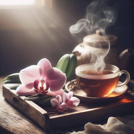 An orchid with a cup of tea, Ai generated imageの写真素材