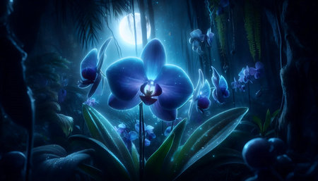 A blue orchid in a night garden, Ai generated imageの写真素材