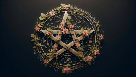 A pentagram with floral elements, Ai generated imageの写真素材