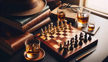 Chess set against strategy books, Ai generated imageの写真素材