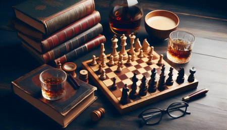 Chess set against strategy books, Ai generated imageの写真素材