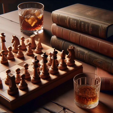 Chess set against strategy books, Ai generated imageの写真素材