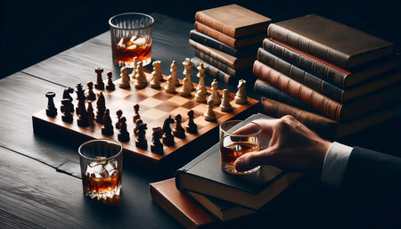 Chess set against strategy books, Ai generated imageの写真素材