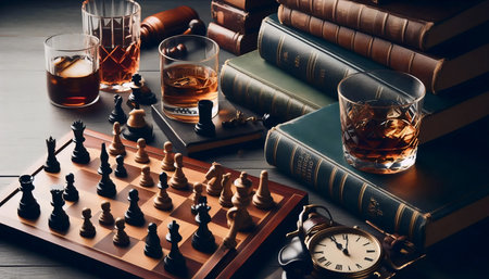 Chess set against strategy books, imageの写真素材
