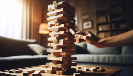 Jenga game with falling tower, Ai generated imageの写真素材