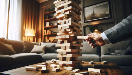 Jenga game with falling tower, Ai generated imageの写真素材