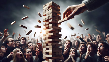 Jenga game with falling tower, Ai generated image