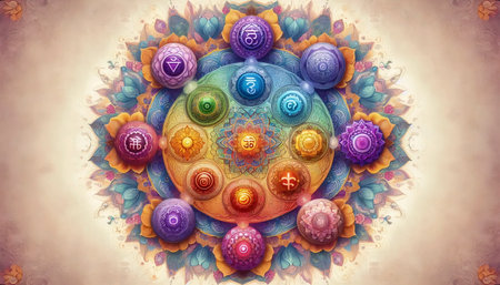 A mandala with chakra symbols, Ai generated image
