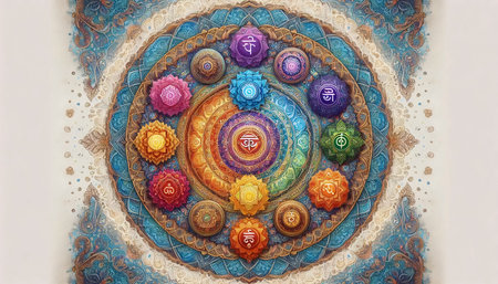 A mandala with chakra symbols, Ai generated image