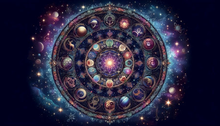 A mandala with astrological symbols, Ai generated image