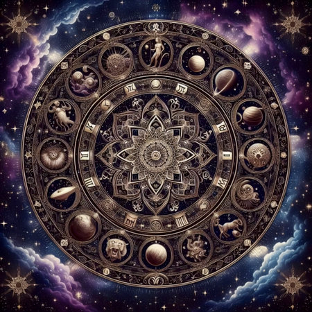 A mandala with astrological symbols, Ai generated image