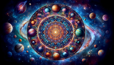 A cosmic mandala with planets, Ai generated image