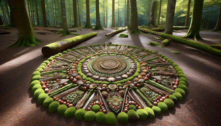 A forest mandala from branches and moss, Ai generated imageの写真素材