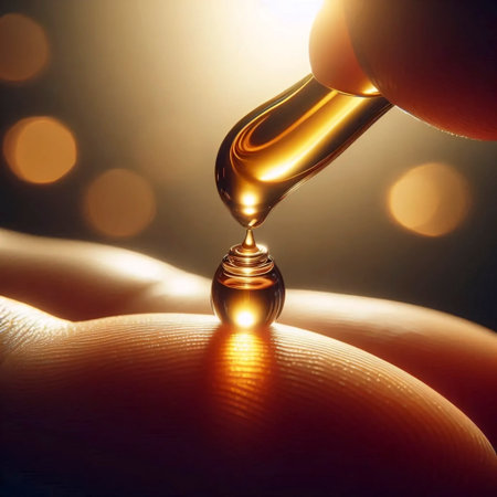 A serum droplet on fingertips, Ai generated imageの写真素材