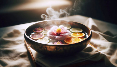 A pedicure soak bowl with botanicals, Ai generated imageの写真素材