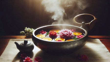 A pedicure soak bowl with botanicals, Ai generated imageの写真素材