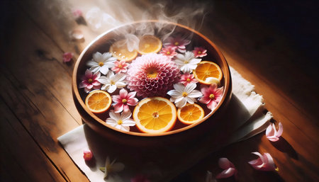 A pedicure soak bowl with botanicals, Ai generated imageの写真素材