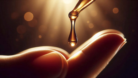 A serum droplet on fingertips, Ai generated imageの写真素材