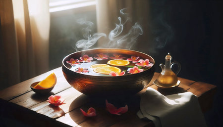 A pedicure soak bowl with botanicals, Ai generated imageの写真素材