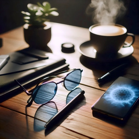 A modern blue light glasses workspace, Ai generated imageの写真素材