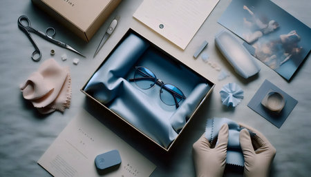 A modern blue light glasses unboxing, Ai generated imageの写真素材