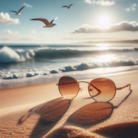 A retro oval sunglasses on beach, Ai generated imageの写真素材