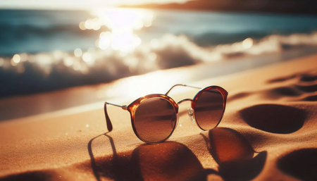 A retro oval sunglasses on beach, Ai generated imageの写真素材