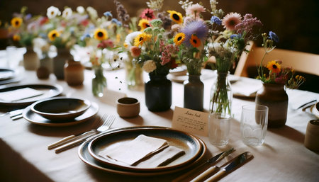 A tablescape with handmade decor and mismatched china, Ai generated image