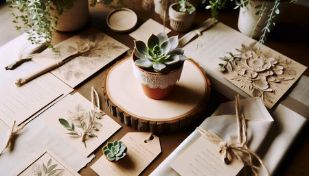 A detail of sustainable wedding favors and stationery, Ai generated imageの写真素材