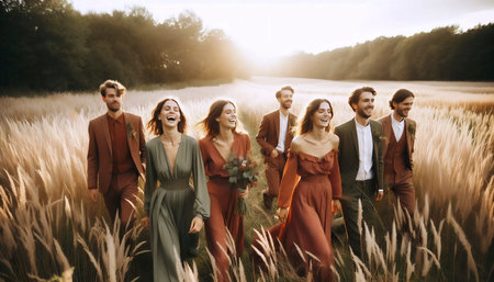 A wedding party in rich olive green and terracotta tones, Ai generated imageの写真素材