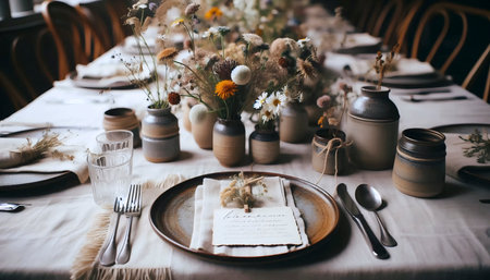 A tablescape with handmade decor and mismatched china, Ai generated image