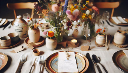A tablescape with handmade decor and mismatched china, Ai generated imageの写真素材