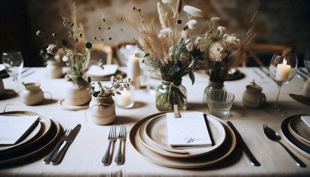 A tablescape with handmade decor and mismatched china, Ai generated imageの写真素材