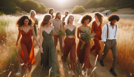 A wedding party in rich olive green and terracotta tonesの写真素材