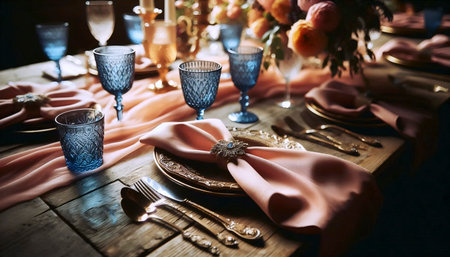 A tablesetting with peach and deep blue color palette, Ai generated image