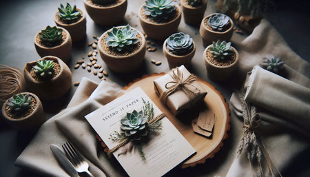 A detail of sustainable wedding favors and stationery, Ai generated imageの写真素材