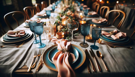 A tablesetting with peach and deep blue color palette, Ai generated imageの写真素材