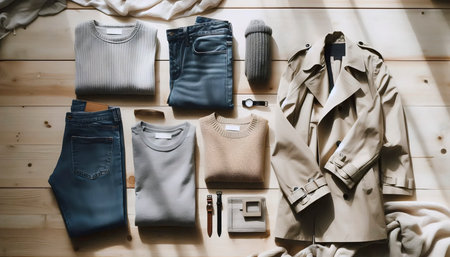 A curated capsule wardrobe flatlay, Ai generated imageの写真素材