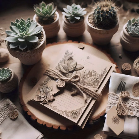 A detail of sustainable wedding favors and stationery, Ai generated imageの写真素材