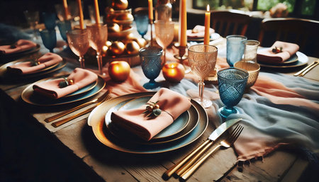 A tablesetting with peach and deep blue color palette, Ai generated imageの写真素材