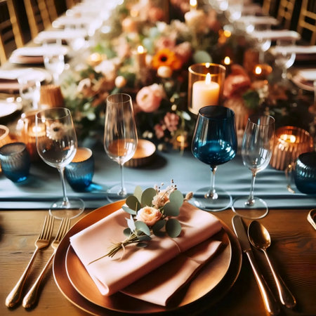 A tablesetting with peach and deep blue color paletteの写真素材
