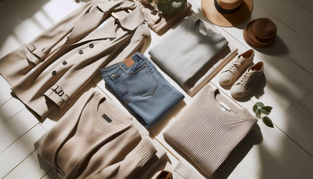 A curated capsule wardrobe flatlay, Ai generated imageの写真素材