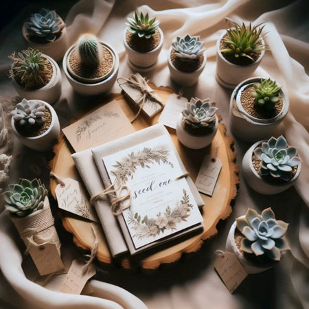 A detail of sustainable wedding favors and stationery, Ai generated imageの写真素材