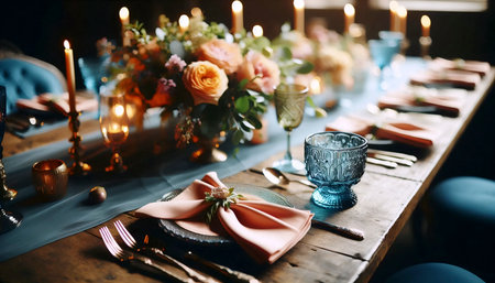 A tablesetting with peach and deep blue color palette, Ai generated imageの写真素材