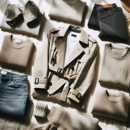 A curated capsule wardrobe flatlay, Ai generated imageの写真素材
