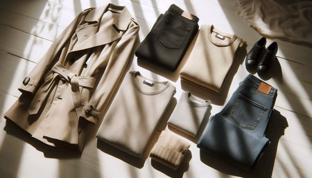 A curated capsule wardrobe flatlay, Ai generated imageの写真素材