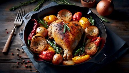 A one-pan roasted chicken and vegetables, Ai generated imageの写真素材