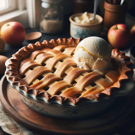 A rustic homemade apple pie on a table, Ai generated imageの写真素材