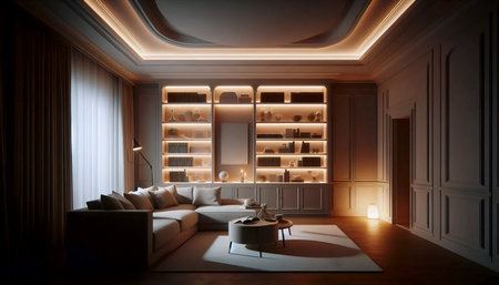 A minimalist living room with integrated smart lighting, Ai generated image