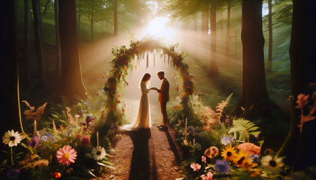 An intimate micro-wedding ceremony in a forest clearing, Ai generated imageの写真素材